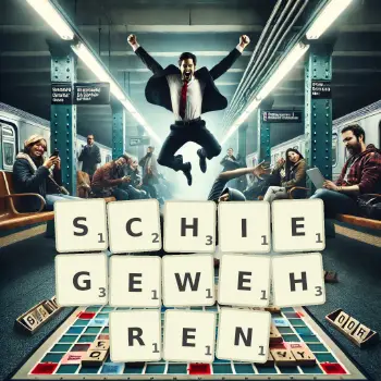 Kreative Illustration für ein Scrabble-Spiel, bei dem das Wort SCHIEGEWEHREN mit Steinen auf dem Brett gelegt wurde.