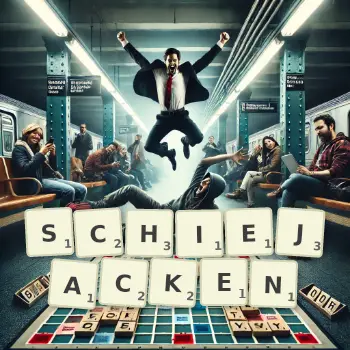 Kreative Illustration für ein Scrabble-Spiel, bei dem das Wort SCHIEJACKEN mit Steinen auf dem Brett gelegt wurde.