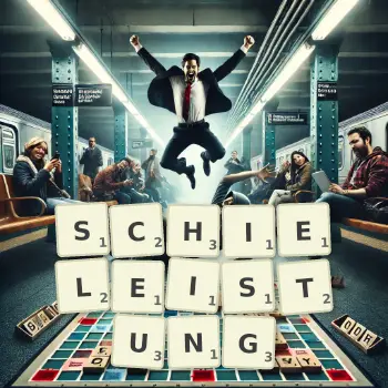 Kreative Illustration für ein Scrabble-Spiel, bei dem das Wort SCHIELEISTUNG mit Steinen auf dem Brett gelegt wurde.