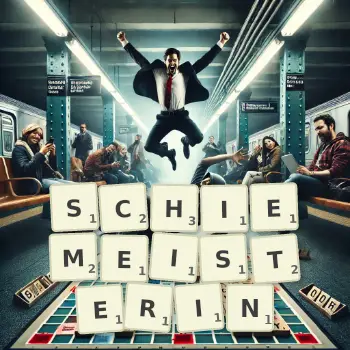 Kreative Illustration für ein Scrabble-Spiel, bei dem das Wort SCHIEMEISTERIN mit Steinen auf dem Brett gelegt wurde.