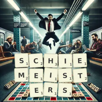 Kreative Illustration für ein Scrabble-Spiel, bei dem das Wort SCHIEMEISTERS mit Steinen auf dem Brett gelegt wurde.