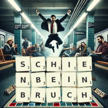 Kreative Illustration für ein Scrabble-Spiel, bei dem das Wort SCHIENBEINBRUCH mit Steinen auf dem Brett gelegt wurde.
