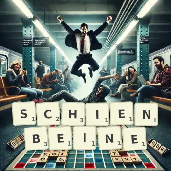 Kreative Illustration für ein Scrabble-Spiel, bei dem das Wort SCHIENBEINE mit Steinen auf dem Brett gelegt wurde.