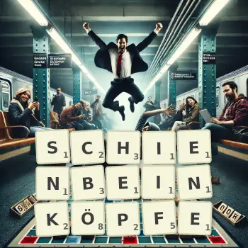 Kreative Illustration für ein Scrabble-Spiel, bei dem das Wort SCHIENBEINKÖPFE mit Steinen auf dem Brett gelegt wurde.