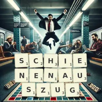 Kreative Illustration für ein Scrabble-Spiel, bei dem das Wort SCHIENENAUSZUG mit Steinen auf dem Brett gelegt wurde.