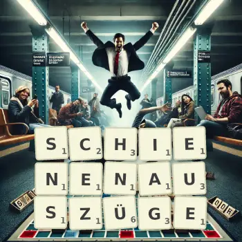 Kreative Illustration für ein Scrabble-Spiel, bei dem das Wort SCHIENENAUSZÜGE mit Steinen auf dem Brett gelegt wurde.
