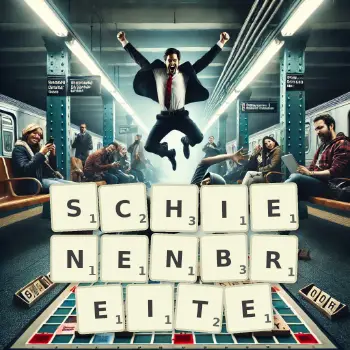 Kreative Illustration für ein Scrabble-Spiel, bei dem das Wort SCHIENENBREITE mit Steinen auf dem Brett gelegt wurde.