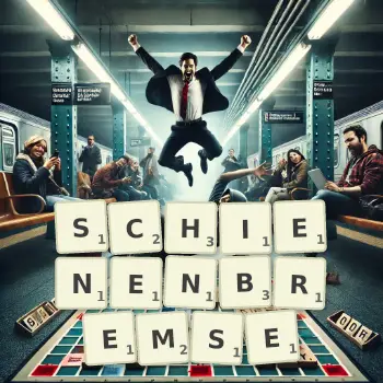 Kreative Illustration für ein Scrabble-Spiel, bei dem das Wort SCHIENENBREMSE mit Steinen auf dem Brett gelegt wurde.