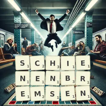 Kreative Illustration für ein Scrabble-Spiel, bei dem das Wort SCHIENENBREMSEN mit Steinen auf dem Brett gelegt wurde.