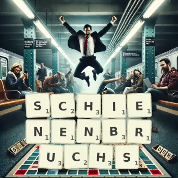 Kreative Illustration für ein Scrabble-Spiel, bei dem das Wort SCHIENENBRUCHS mit Steinen auf dem Brett gelegt wurde.