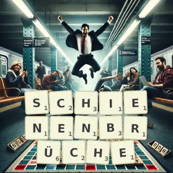 Kreative Illustration für ein Scrabble-Spiel, bei dem das Wort SCHIENENBRÜCHE mit Steinen auf dem Brett gelegt wurde.