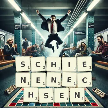 Kreative Illustration für ein Scrabble-Spiel, bei dem das Wort SCHIENENECHSEN mit Steinen auf dem Brett gelegt wurde.