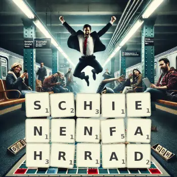 Kreative Illustration für ein Scrabble-Spiel, bei dem das Wort SCHIENENFAHRRAD mit Steinen auf dem Brett gelegt wurde.