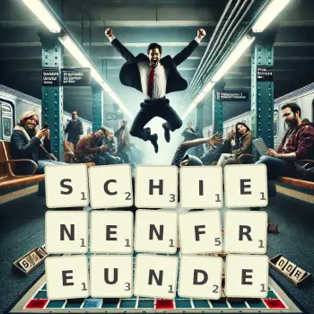 Kreative Illustration für ein Scrabble-Spiel, bei dem das Wort SCHIENENFREUNDE mit Steinen auf dem Brett gelegt wurde.