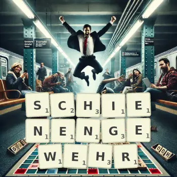 Kreative Illustration für ein Scrabble-Spiel, bei dem das Wort SCHIENENGEWEHR mit Steinen auf dem Brett gelegt wurde.