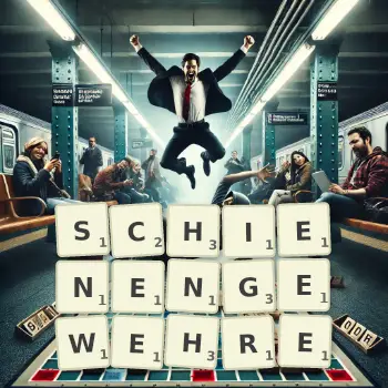 Kreative Illustration für ein Scrabble-Spiel, bei dem das Wort SCHIENENGEWEHRE mit Steinen auf dem Brett gelegt wurde.