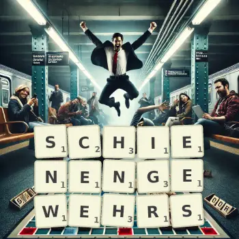 Kreative Illustration für ein Scrabble-Spiel, bei dem das Wort SCHIENENGEWEHRS mit Steinen auf dem Brett gelegt wurde.