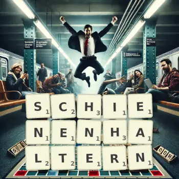 Kreative Illustration für ein Scrabble-Spiel, bei dem das Wort SCHIENENHALTERN mit Steinen auf dem Brett gelegt wurde.