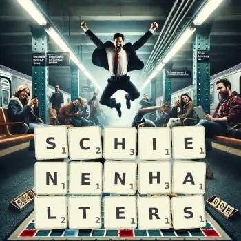 Kreative Illustration für ein Scrabble-Spiel, bei dem das Wort SCHIENENHALTERS mit Steinen auf dem Brett gelegt wurde.