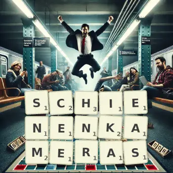 Kreative Illustration für ein Scrabble-Spiel, bei dem das Wort SCHIENENKAMERAS mit Steinen auf dem Brett gelegt wurde.