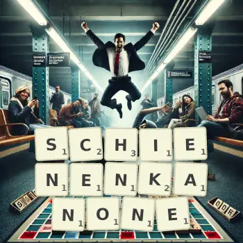 Kreative Illustration für ein Scrabble-Spiel, bei dem das Wort SCHIENENKANONE mit Steinen auf dem Brett gelegt wurde.