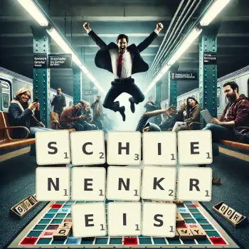 Kreative Illustration für ein Scrabble-Spiel, bei dem das Wort SCHIENENKREIS mit Steinen auf dem Brett gelegt wurde.