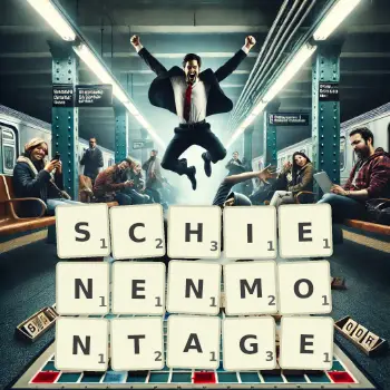 Kreative Illustration für ein Scrabble-Spiel, bei dem das Wort SCHIENENMONTAGE mit Steinen auf dem Brett gelegt wurde.