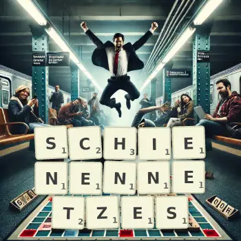 Kreative Illustration für ein Scrabble-Spiel, bei dem das Wort SCHIENENNETZES mit Steinen auf dem Brett gelegt wurde.