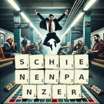 Kreative Illustration für ein Scrabble-Spiel, bei dem das Wort SCHIENENPANZER mit Steinen auf dem Brett gelegt wurde.