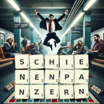 Kreative Illustration für ein Scrabble-Spiel, bei dem das Wort SCHIENENPANZERN mit Steinen auf dem Brett gelegt wurde.