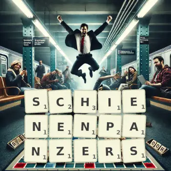 Kreative Illustration für ein Scrabble-Spiel, bei dem das Wort SCHIENENPANZERS mit Steinen auf dem Brett gelegt wurde.