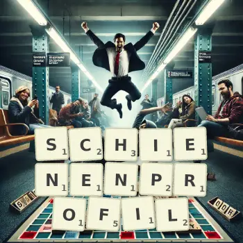 Kreative Illustration für ein Scrabble-Spiel, bei dem das Wort SCHIENENPROFIL mit Steinen auf dem Brett gelegt wurde.
