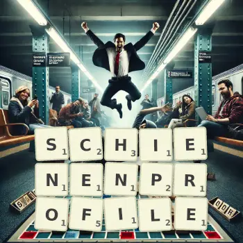 Kreative Illustration für ein Scrabble-Spiel, bei dem das Wort SCHIENENPROFILE mit Steinen auf dem Brett gelegt wurde.