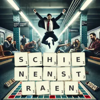 Kreative Illustration für ein Scrabble-Spiel, bei dem das Wort SCHIENENSTRAEN mit Steinen auf dem Brett gelegt wurde.
