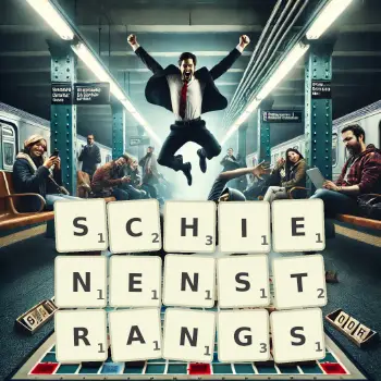 Kreative Illustration für ein Scrabble-Spiel, bei dem das Wort SCHIENENSTRANGS mit Steinen auf dem Brett gelegt wurde.