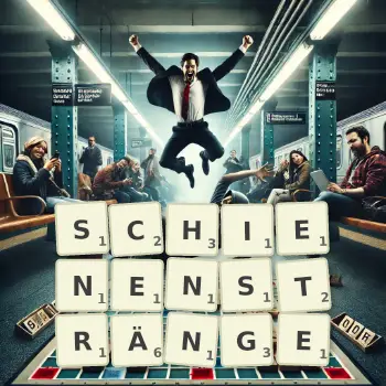 Kreative Illustration für ein Scrabble-Spiel, bei dem das Wort SCHIENENSTRÄNGE mit Steinen auf dem Brett gelegt wurde.