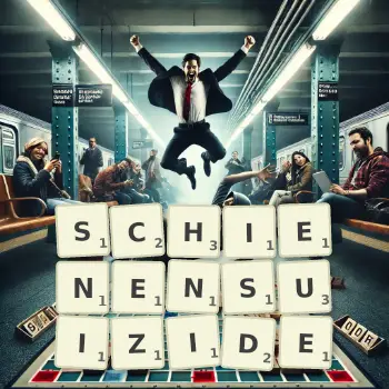 Kreative Illustration für ein Scrabble-Spiel, bei dem das Wort SCHIENENSUIZIDE mit Steinen auf dem Brett gelegt wurde.