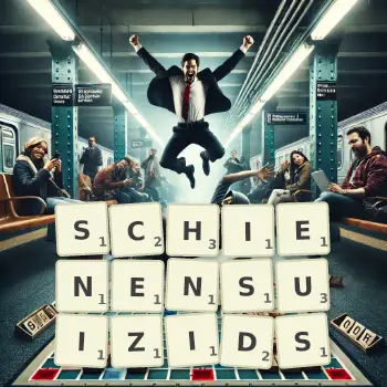 Kreative Illustration für ein Scrabble-Spiel, bei dem das Wort SCHIENENSUIZIDS mit Steinen auf dem Brett gelegt wurde.