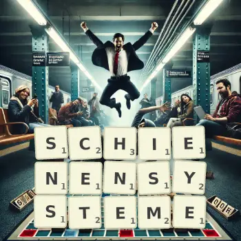 Kreative Illustration für ein Scrabble-Spiel, bei dem das Wort SCHIENENSYSTEME mit Steinen auf dem Brett gelegt wurde.