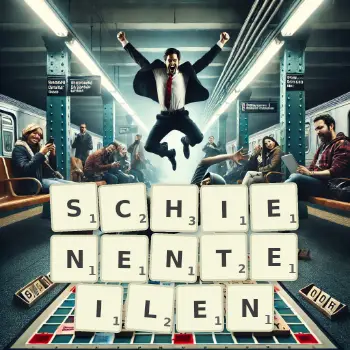 Kreative Illustration für ein Scrabble-Spiel, bei dem das Wort SCHIENENTEILEN mit Steinen auf dem Brett gelegt wurde.