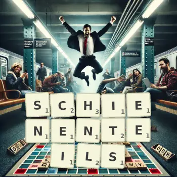 Kreative Illustration für ein Scrabble-Spiel, bei dem das Wort SCHIENENTEILS mit Steinen auf dem Brett gelegt wurde.