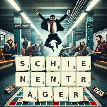 Kreative Illustration für ein Scrabble-Spiel, bei dem das Wort SCHIENENTRÄGER mit Steinen auf dem Brett gelegt wurde.
