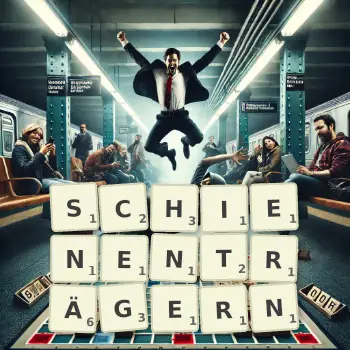 Kreative Illustration für ein Scrabble-Spiel, bei dem das Wort SCHIENENTRÄGERN mit Steinen auf dem Brett gelegt wurde.
