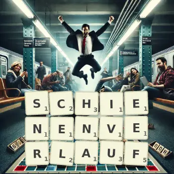 Kreative Illustration für ein Scrabble-Spiel, bei dem das Wort SCHIENENVERLAUF mit Steinen auf dem Brett gelegt wurde.