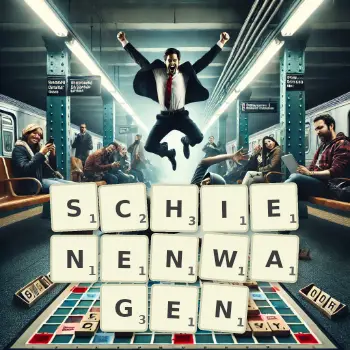 Kreative Illustration für ein Scrabble-Spiel, bei dem das Wort SCHIENENWAGEN mit Steinen auf dem Brett gelegt wurde.
