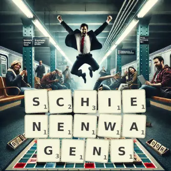 Kreative Illustration für ein Scrabble-Spiel, bei dem das Wort SCHIENENWAGENS mit Steinen auf dem Brett gelegt wurde.