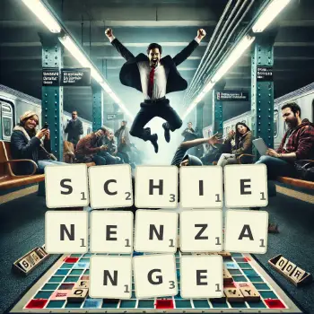 Kreative Illustration für ein Scrabble-Spiel, bei dem das Wort SCHIENENZANGE mit Steinen auf dem Brett gelegt wurde.