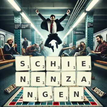 Kreative Illustration für ein Scrabble-Spiel, bei dem das Wort SCHIENENZANGEN mit Steinen auf dem Brett gelegt wurde.