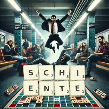 Kreative Illustration für ein Scrabble-Spiel, bei dem das Wort SCHIENTE mit Steinen auf dem Brett gelegt wurde.