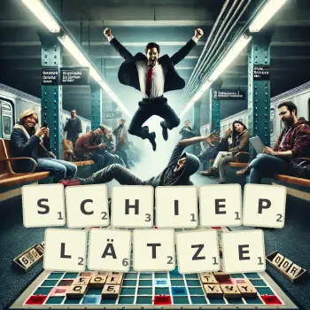 Kreative Illustration für ein Scrabble-Spiel, bei dem das Wort SCHIEPLÄTZE mit Steinen auf dem Brett gelegt wurde.